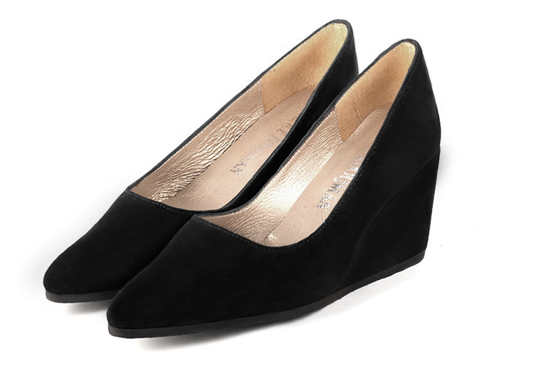 Matt black women's dress pumps,with a square neckline. Tapered toe. Medium wedge heels. Front view - Florence KOOIJMAN